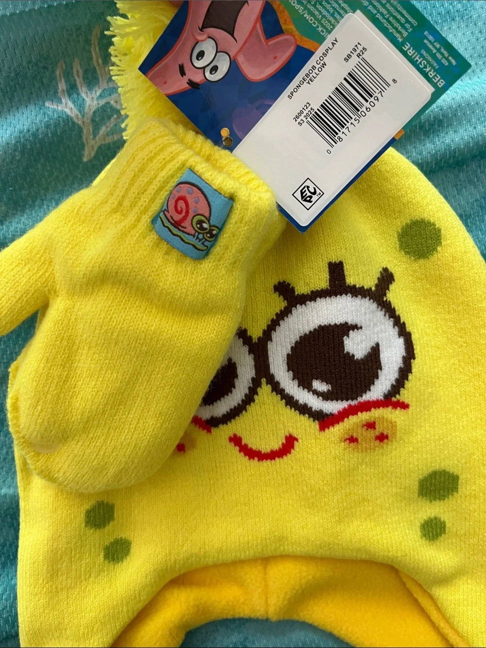 SpongeBob SquarePants Yellow Kids Pom-Pom Earflap Hat with Mittens- osfm